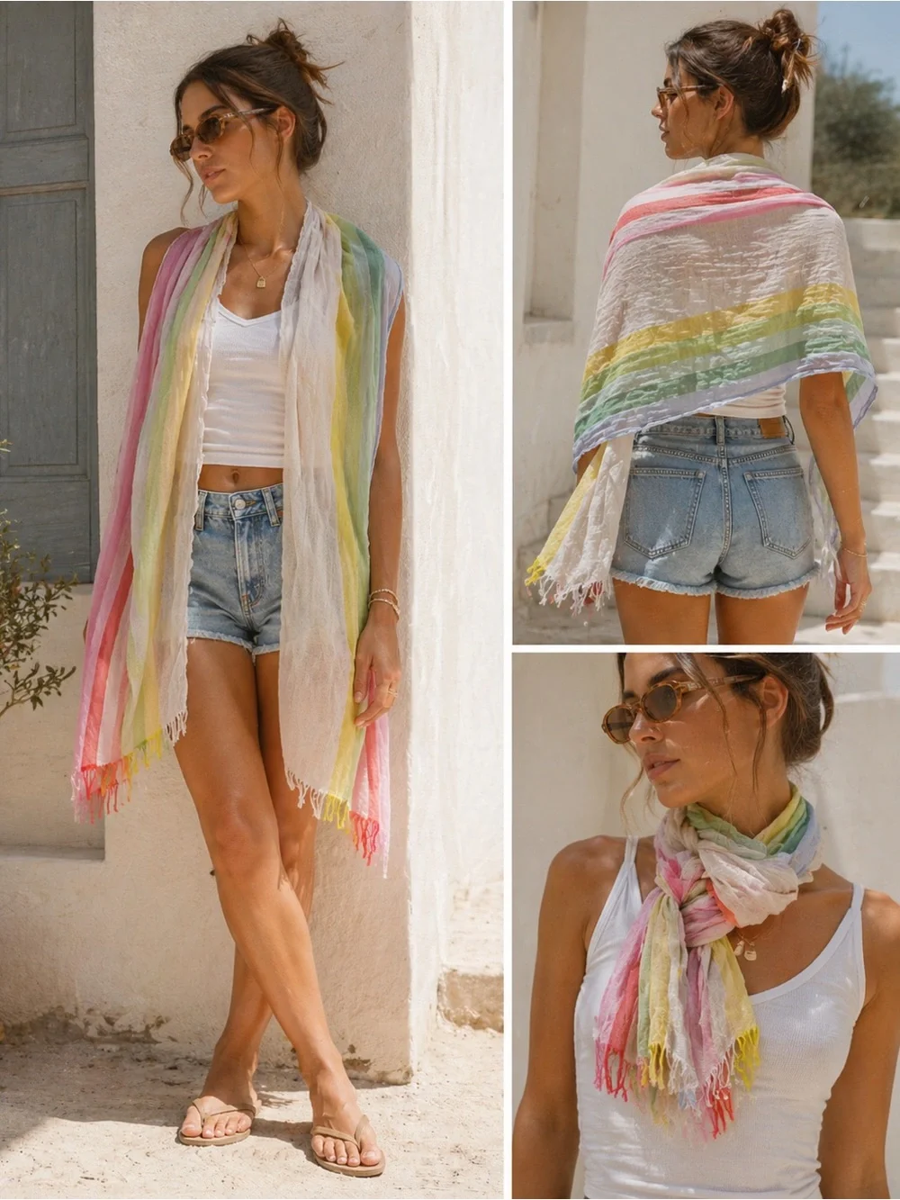 Echo‎ Multi Colored Lightweight Striped Raw Hem Blanket Scarf